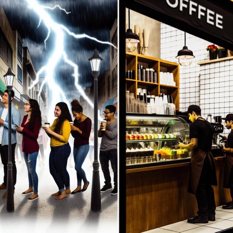 An20image20of20a20bustling20coffee20shop20with20customers20lining20up20outside2c20staff20working20to20keep20up20with20orders2c20and20a20sudden20storm20causing20a20power20outage